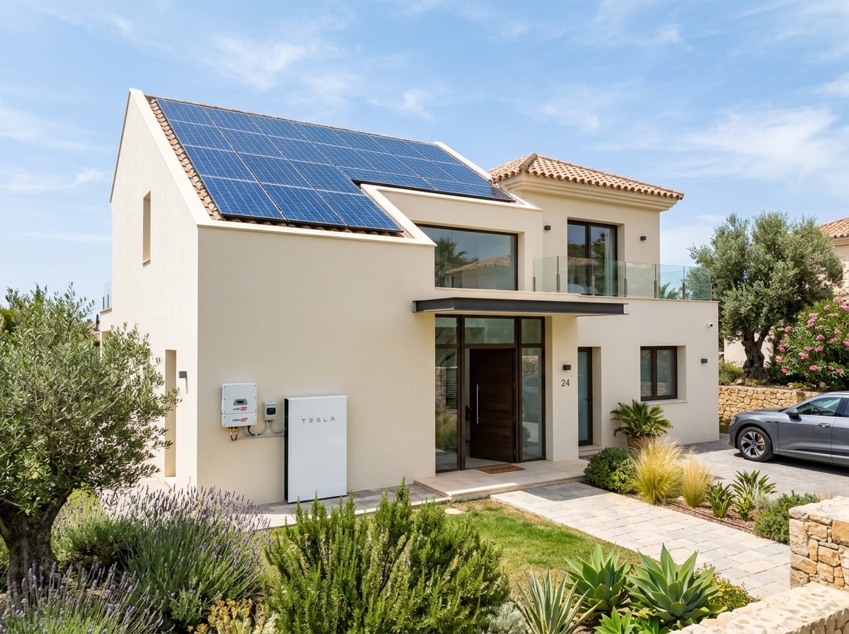 Casa de dos plantas en Torrevieja con inversor Solis y batería Lithtech en la fachada